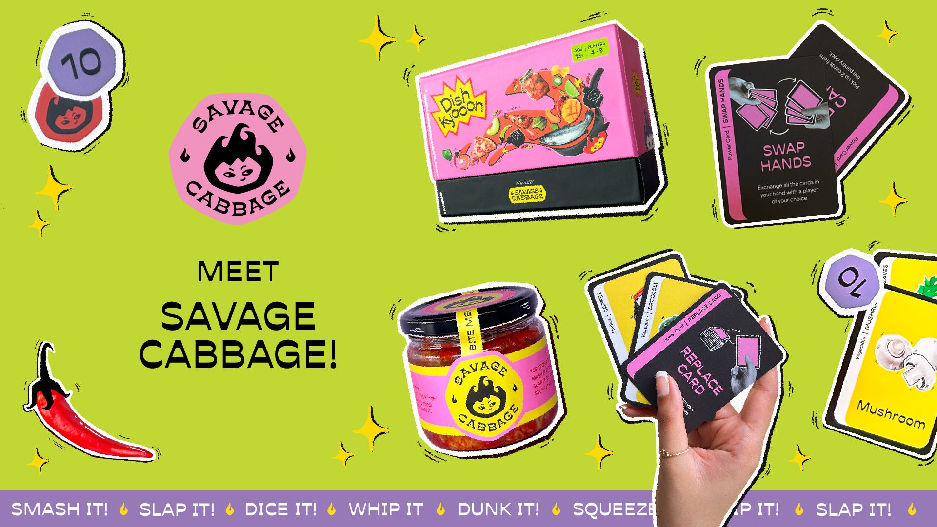 Savage Cabbage branding with Dish Kyaoon, ingredient and power cards, tokens, and a jar of kimchi.
