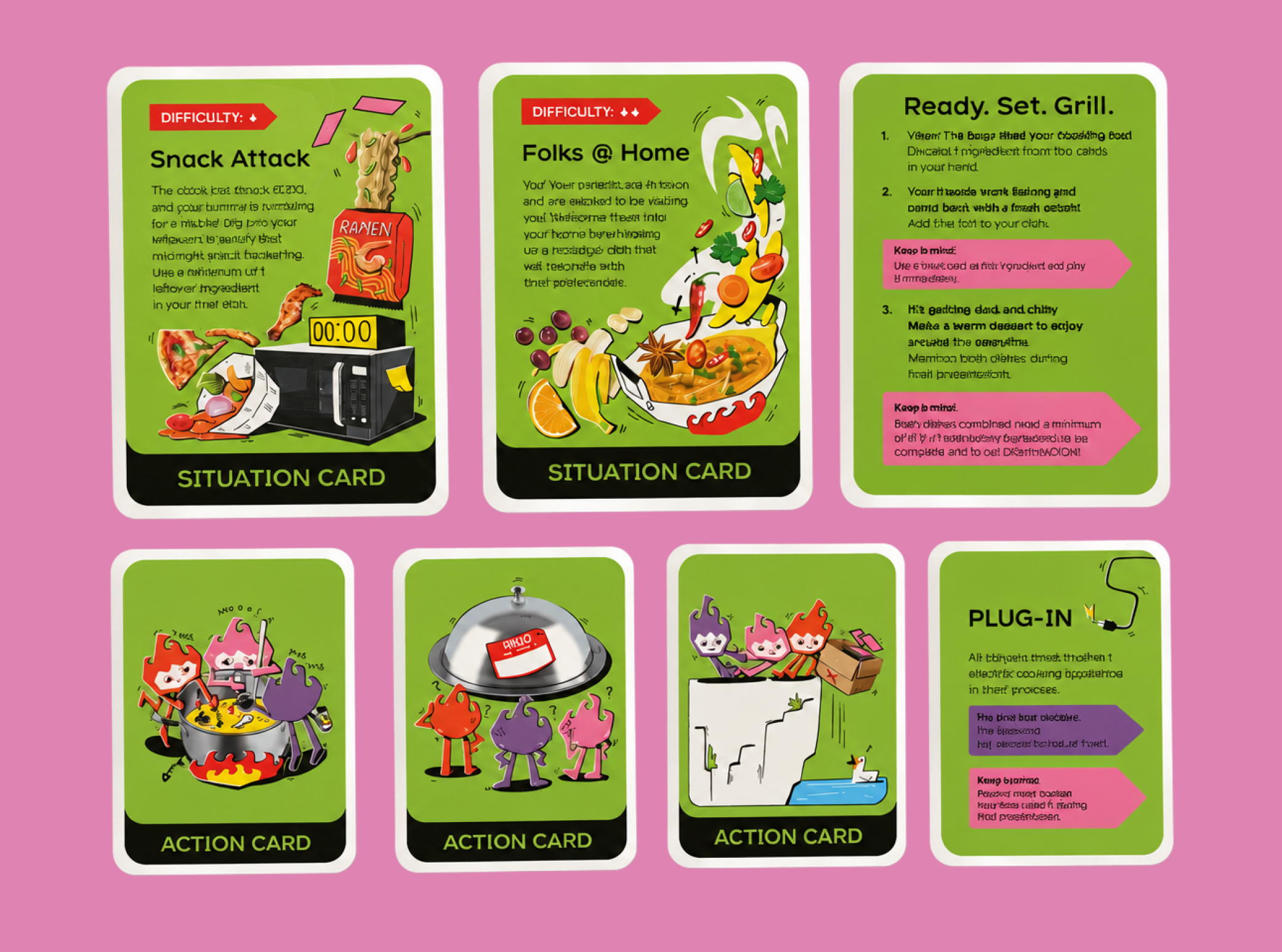The Dish Don’s green situation and action cards arranged on a pink background.