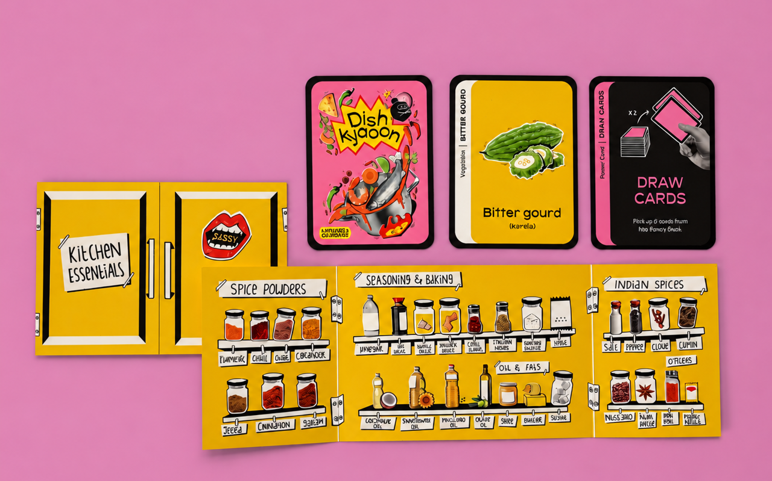 The kitchen essentials cupboard, its open pantry reference and three game cards on a pink background.