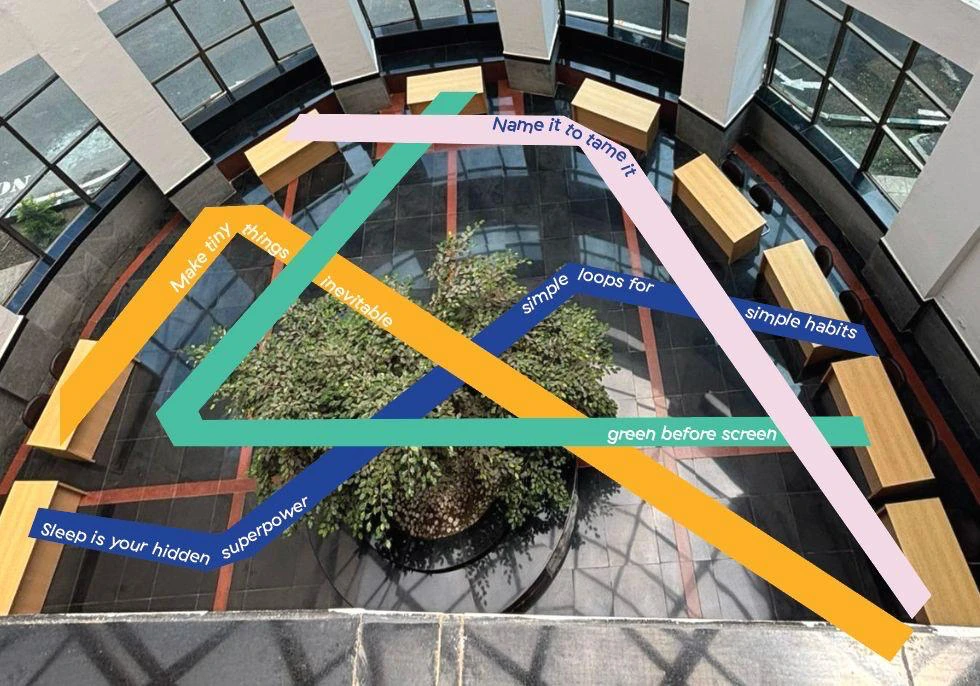 Overhead atrium photograph showing a collaboratively developed floor-graphics proposal; the floor intervention was later implemented