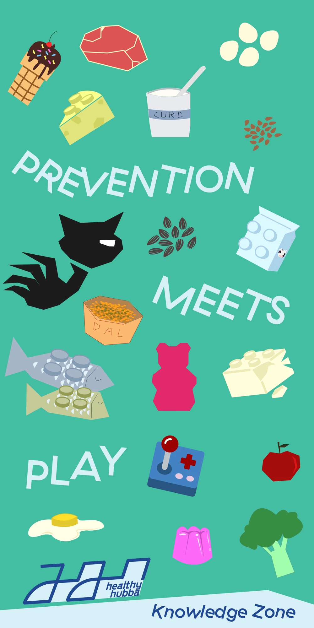 Knowledge-zone standee with food and play illustrations on a green background