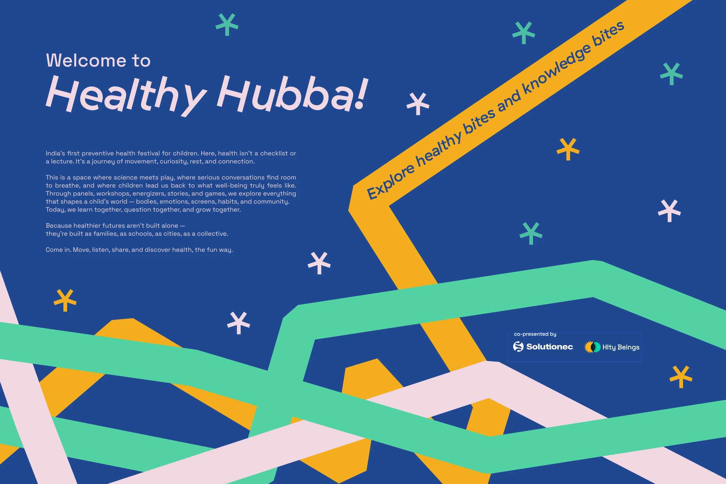 Blue welcome panel with crossing coloured paths and an introduction to the festival