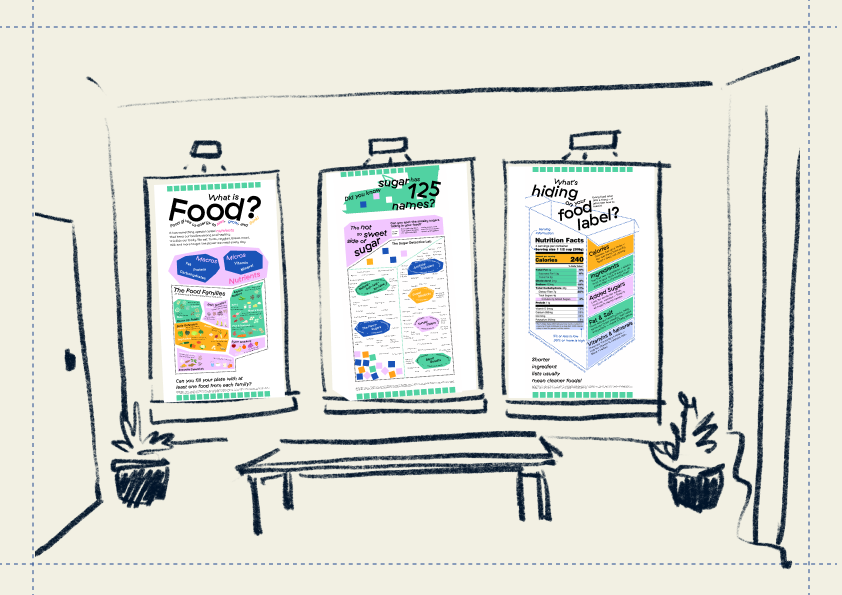 Illustrated clinic waiting area with food and nutrition learning posters