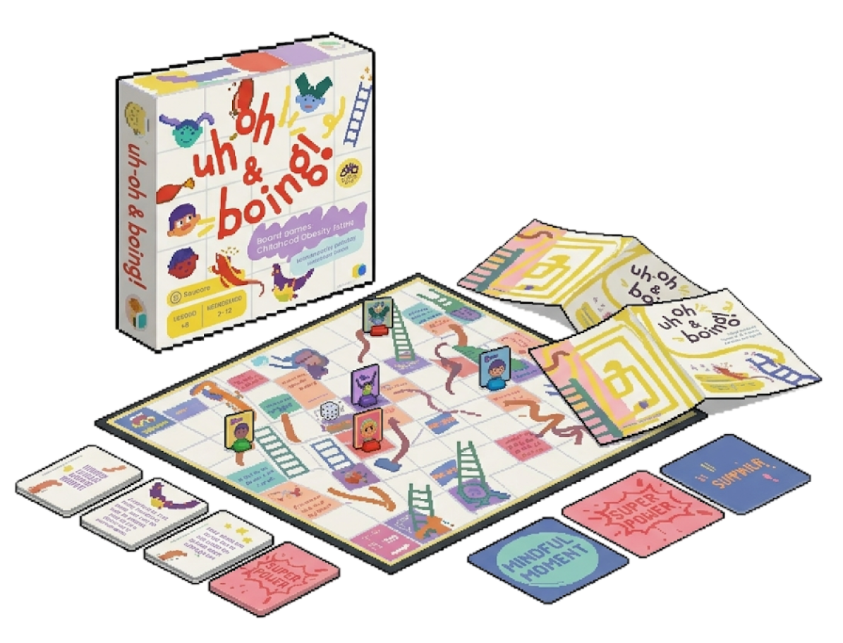 Uh-oh and Boing game layout with board, packaging, cards and learning booklet