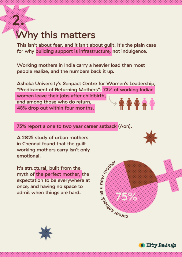 Working-mothers resource page combining highlighted statistics, pictograms and a pie chart
