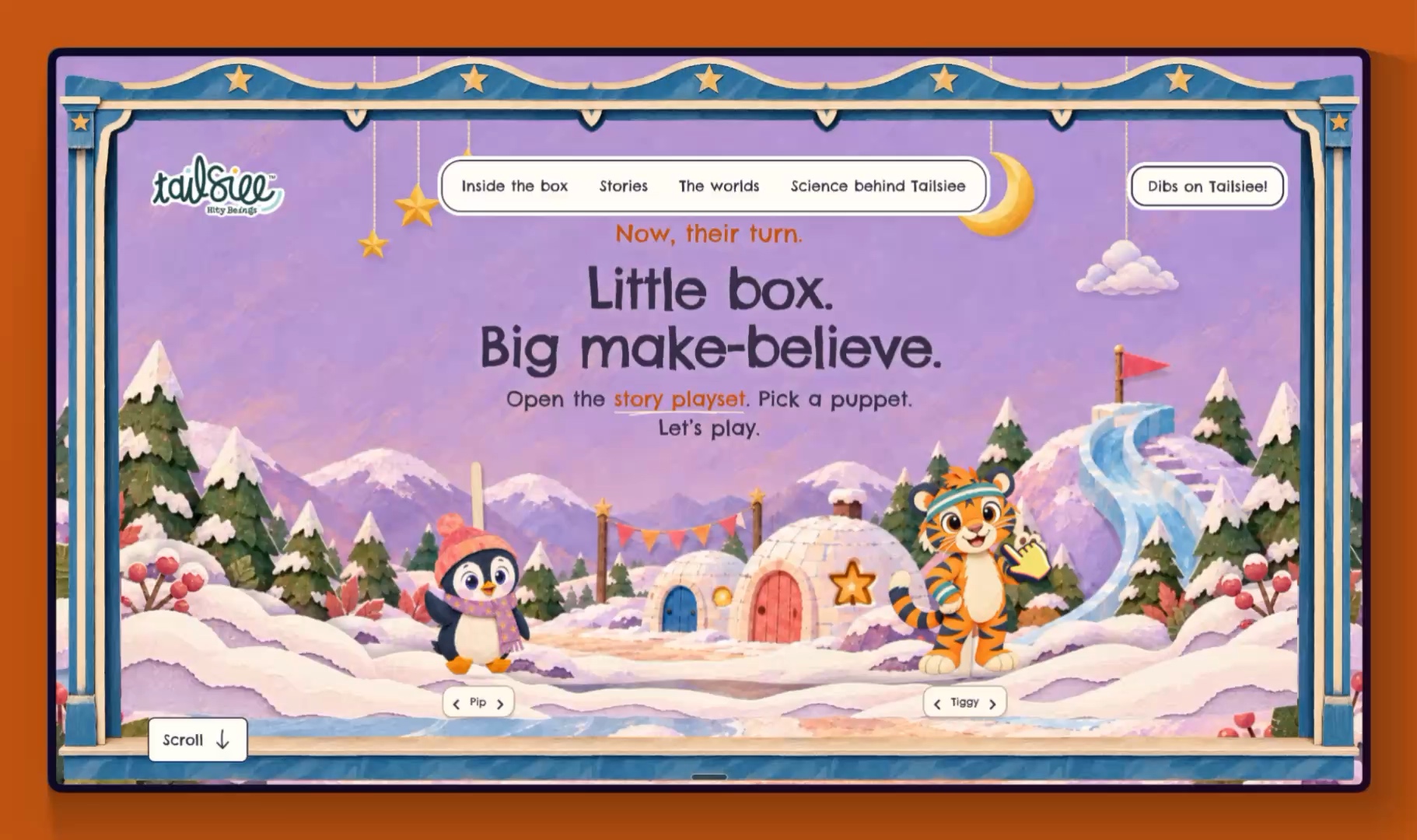 The website’s third scroll scene: Pip and Tiggy as movable puppets in a snowy paper stage.