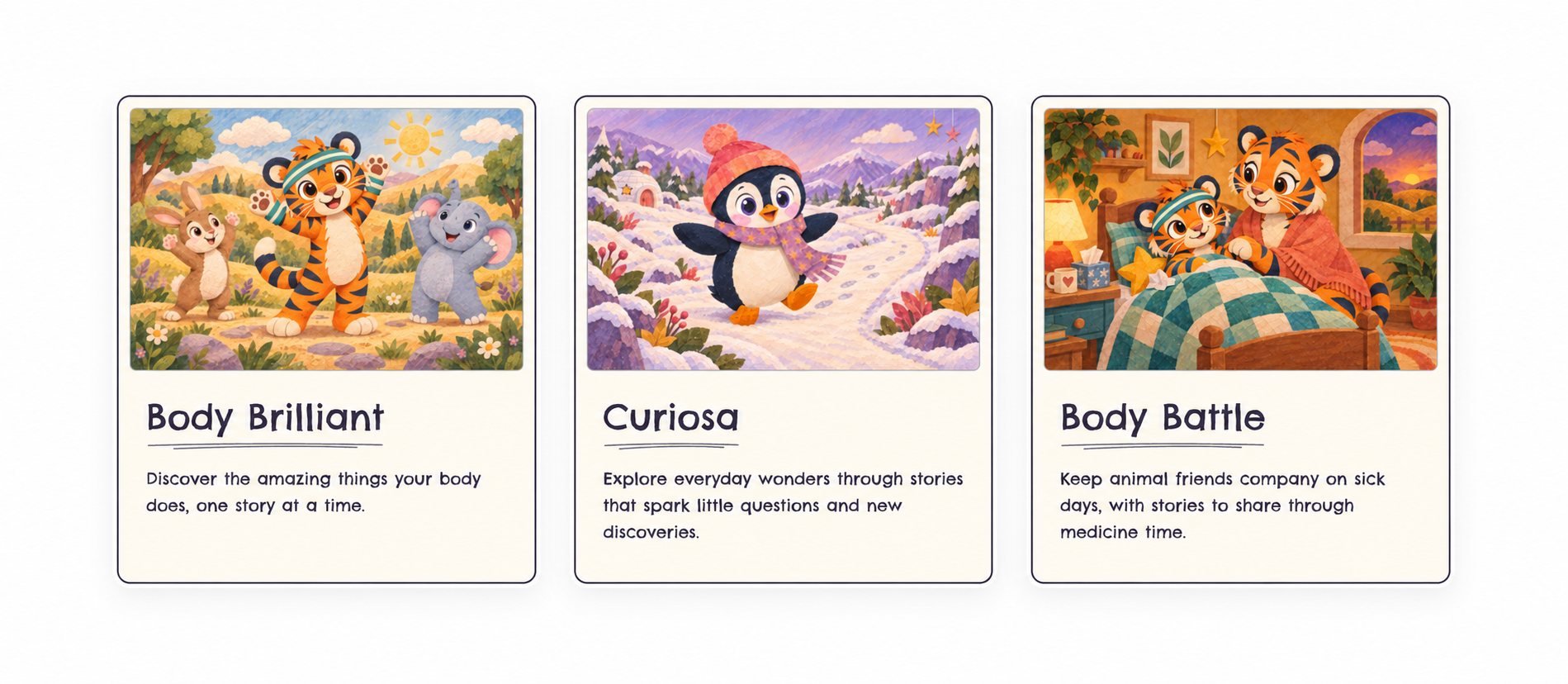 Body Brilliant, Curiosa and Body Battle cards, with stories for play, discovery and sick-day care.